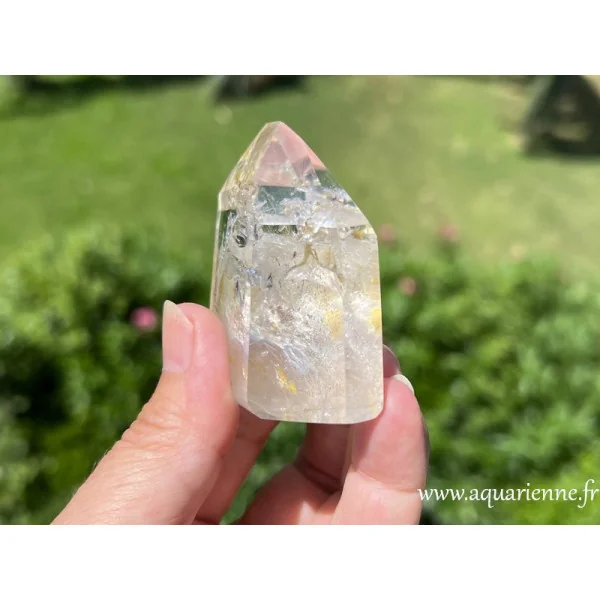 Vue latérale de ce Cristal de Quartz clair avec inclusions de croissance. Pièce unique.