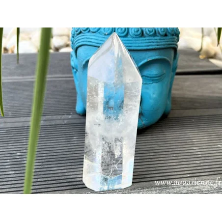 Cristal de roche clair avec inclusions et givres en gros plan. Pointe de 14 cm et 532 g. Pièce unique.