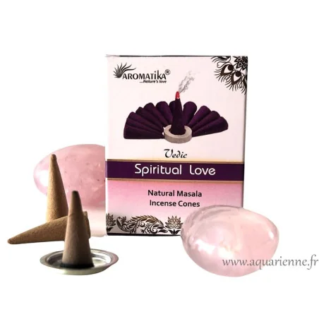 Encens Spiritual Love Vedic Aromatika. Boîte de 10 cônes d'encens Amour Spirituel avec coupelle brûle-cônes incluse.