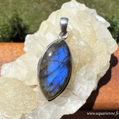 pendentif labradorite forme amande serti argent 925, reflets bleus
