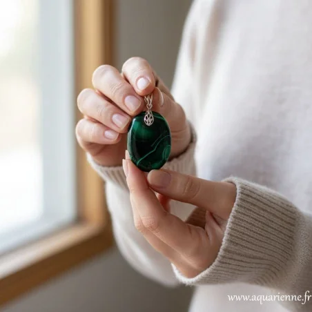 Pendentif ovale en Malachite et sa bélière ciselée en Argent 925. Pierre de protection et de transformation. Pièce unique.