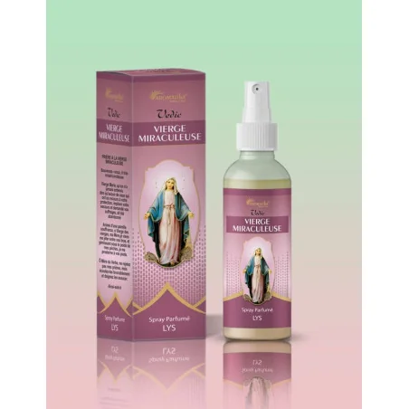 Spray Parfumé Vierge Miraculeuse 100 ml Aromatika avec sa boîte présentant la prière