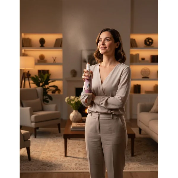 Flacon du Spray Parfumé Vierge Miraculeuse tenu dans la main d’une femme qui parfume son salon