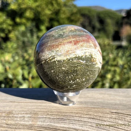Jaspe polychrome de Madagascar, sphère de 72 mm de diamètre. Décoration, lithothérapie, fengshui, idée cadeau.