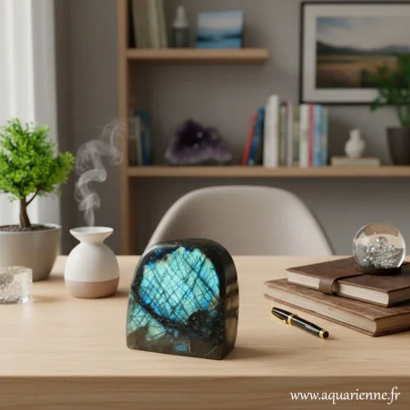 Forme à poser en Labradorite, idéale dans une pièce de vie ou espace professionnel. Protection, intuition, clarté.