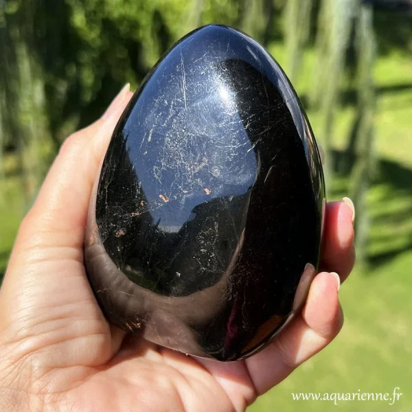 Zoom sur les détails de cette forme libre de tourmaline noire de Madagascar de 10 cm. Pierre de protection.