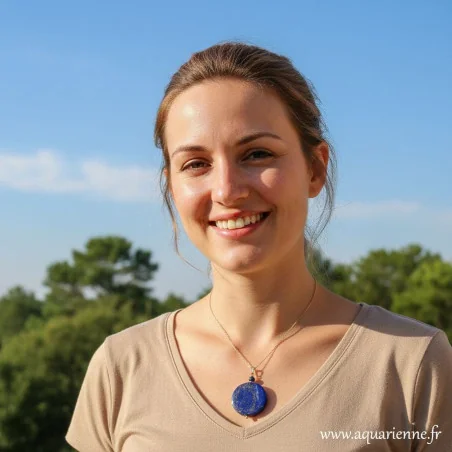 femme souriante portant le pendentif Ciel Étoilé en Lapis Lazuli en extérieur. Bijou création en nombre limité.
