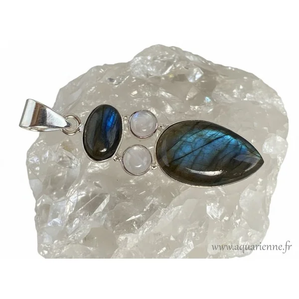 Pendentif labradorite et pierre de lune. Bijou argent 925. Protection énergétique et intuition.