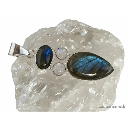 Pendentif labradorite et pierre de lune. Bijou argent 925. Protection énergétique et intuition.