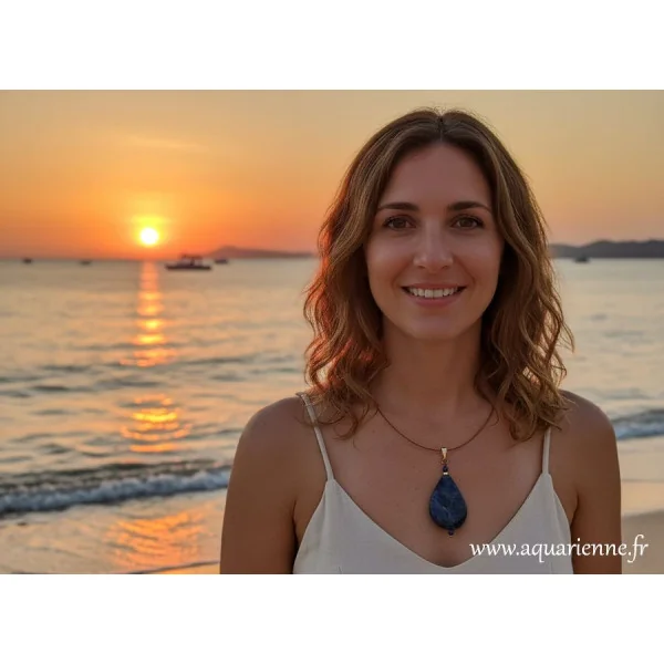 Quand l’accord intérieur devient lumière. Femme portant le pendentif Goutte n°3 de Sodalite et Or plaqué.