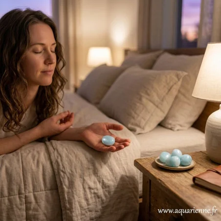 Femme qui médite avec une pierre roulée aigue-marine dans la main.