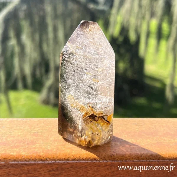 Cristal de quartz Golden Healer avec quartz fumé à sa base. Pièce unique.