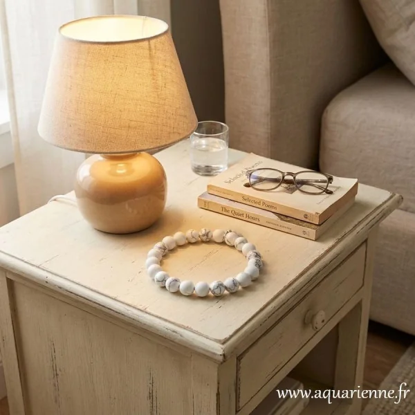 La Howlite pour dormir en paix. Bracelet en howlite, perles rondes de 8mm.