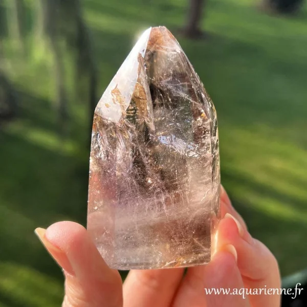 Cristal de Quartz Fumé avec inclusions métalliques et fantôme Améthyste. Pièce unique de Madagascar.