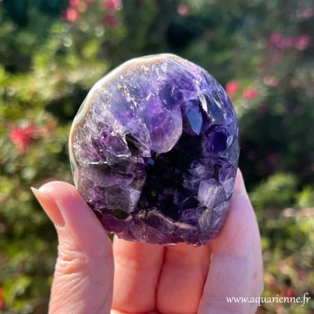 Plongez dans la profondeur envoûtante de cette géode full body d'améthyste d'Uruguay de grade AAA. Pièce unique.