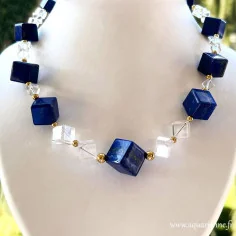 Collier "Cosmique" en lapis lazuli cristal de roche et plaqué or bijou création