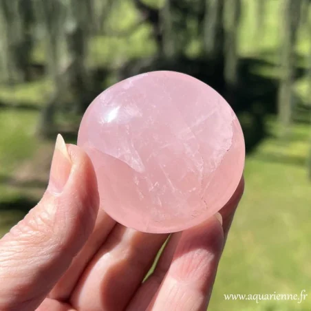 Galet de Quartz rose de Madagascar tenu dans la main – Taille 5 cm. Pièce unique à offrir ou à s'offrir.