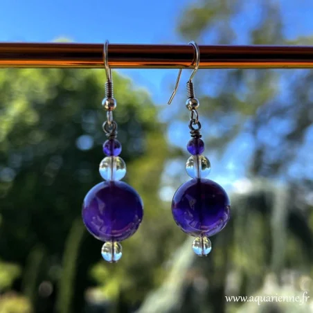 Boucles d'oreilles Sereines en Améthyste et Cristal de roche création Aquarienne