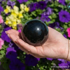 Sphère en Tourmaline noire tenue en main pour comparaison taille