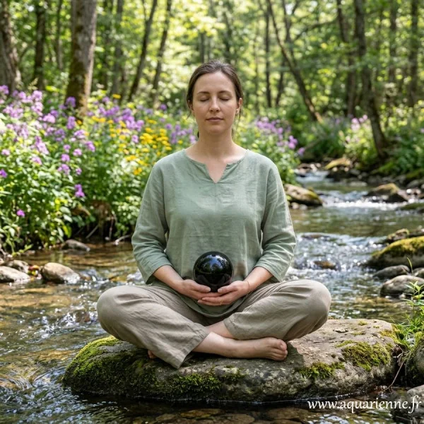 Méditation avec une sphère de tourmaline noire