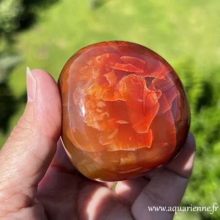 Galet poli de Cornaline naturelle pièce unique - 232 g | 63 mm. Vitalité, créativité, bien-être au quotidien. Pièce unique.