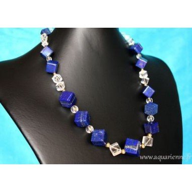 Collier Lapis-Lazuli, Cristal de Roche et Or Plaqué "Telos" - 55 cm - Bijou Création fait main, pièce unique.