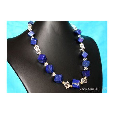 Collier Lapis-Lazuli, Cristal de Roche et Or Plaqué "Telos" - 55 cm - Bijou Création fait main, pièce unique.