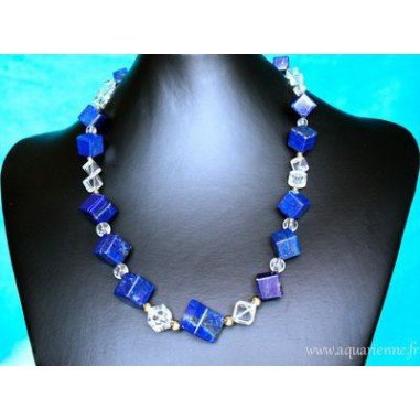 Collier Lapis-Lazuli, Cristal de Roche et Or Plaqué "Telos" - 55 cm - Bijou Création fait main, pièce unique.