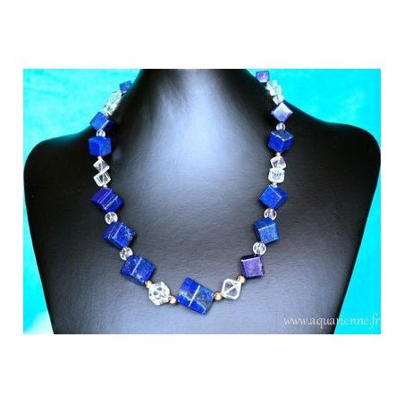Collier Lapis-Lazuli, Cristal de Roche et Or Plaqué "Telos" - 55 cm - Bijou Création fait main, pièce unique.