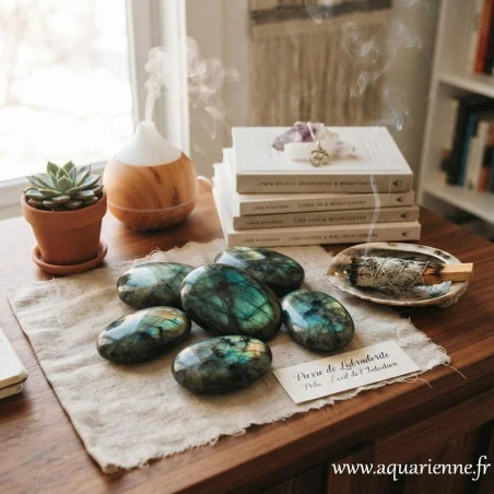 Labradorite de Madagascar, galets polis posés sur une table avec livres et encens - créer son autel pour pratique spirituelle