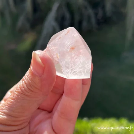 Zoom sur les inclusions d'Hématite que présente ce Quartz fantôme Fuchsite - Pièce unique