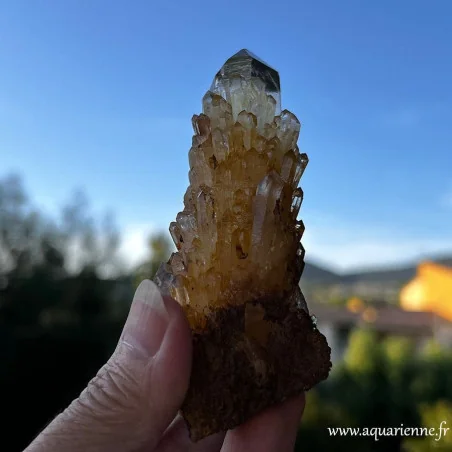 Photo capturée au coucher du soleil de ce Quartz Céleste doré de Madagascar - Pièce unique telle que sur les photos.