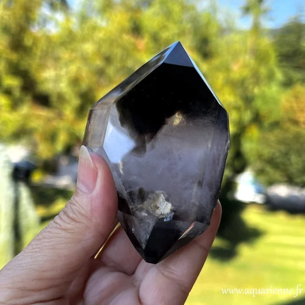 Quartz Morion double pointe présenté dans la main