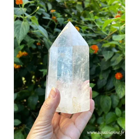 Pointe Cristal de roche de Madagascar de 965 g et 14 cm de haut - Pièce unique - Énergie pure et vibrations élevées