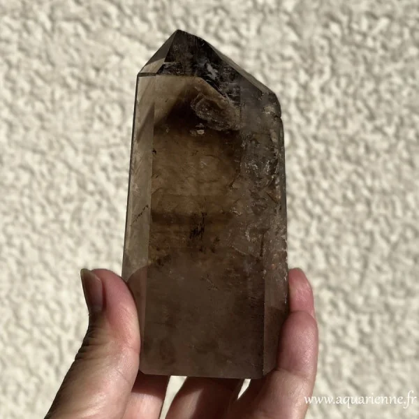 Gros plan sur les inclusions et les structures en fantômes de cette pointe de quartz fumé naturelle