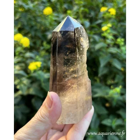 Cette pointe de Quartz Fumé de 106 mm de hauteur est juste repolie à la base pour la poser