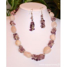 Parure Collier Boucles d'Oreilles Amethyste et Quartz Rose BonneFortune