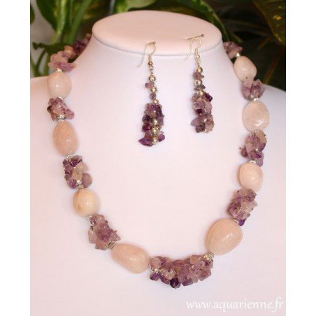 Parure Collier Boucles d'Oreilles Amethyste et Quartz Rose BonneFortune