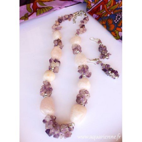 Parure Collier Boucles d'Oreilles Amethyste et Quartz Rose BonneFortune