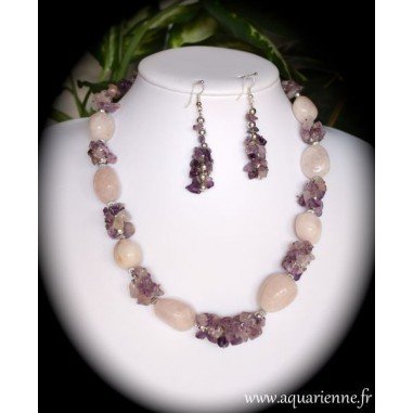 Parure Collier Boucles d'Oreilles Amethyste et Quartz Rose BonneFortune