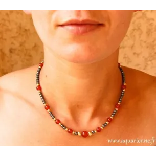Collier Hématite, Cornaline et Plaqué Or "Confiance"