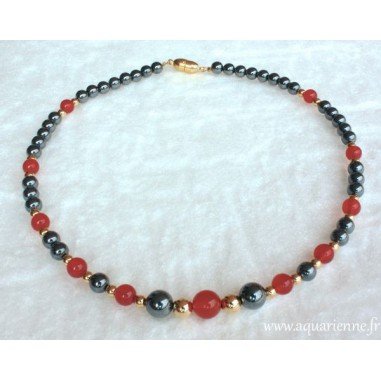 Collier Hématite, Cornaline et Plaqué Or "Confiance"