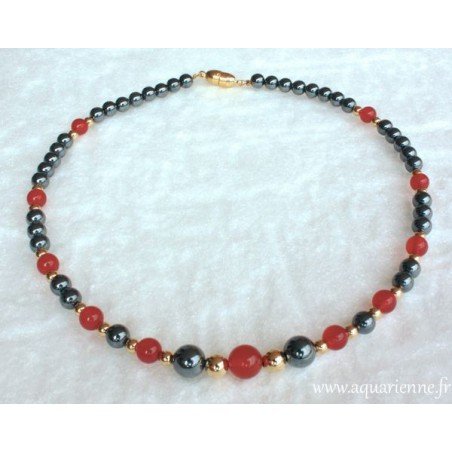 Collier Hématite, Cornaline et Plaqué Or "Confiance"