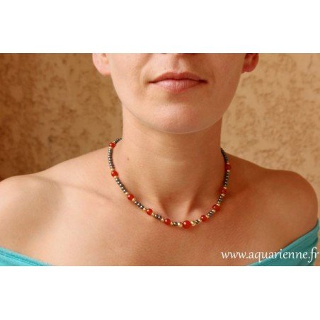 Collier "Courage" en Hématite, Cornaline et Plaqué Or