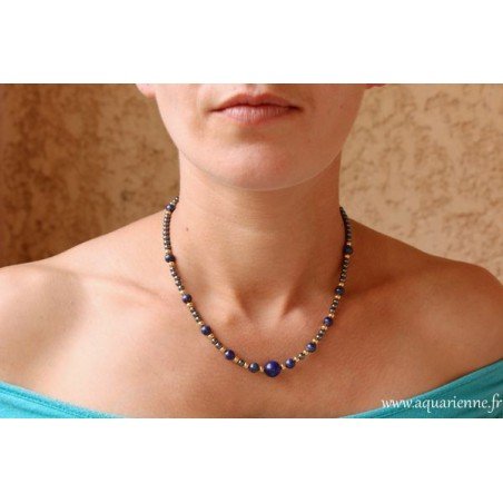 Collier "Vitalia" Hématite Lapis-Lazuli et Plaqué Or