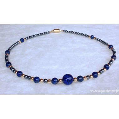 Collier "Vitalia" Hématite Lapis-Lazuli et Plaqué Or