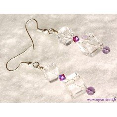 Boucles d'Oreilles "Limpides" Cristal de Roche et de Swarovski, Améthyste