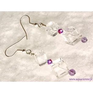 Boucles d'Oreilles "Limpides" Cristal de Roche et de Swarovski, Améthyste