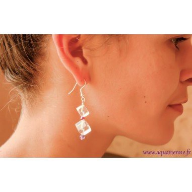 Boucles d'Oreilles "Limpides" Cristal de Roche et de Swarovski, Améthyste