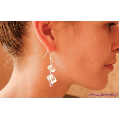 Boucles d'Oreilles "Limpides" Cristal de Roche et de Swarovski, Améthyste